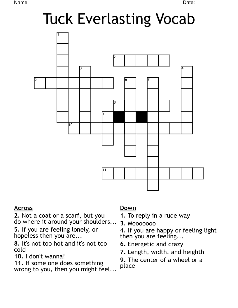Tuck Everlasting Vocab Crossword