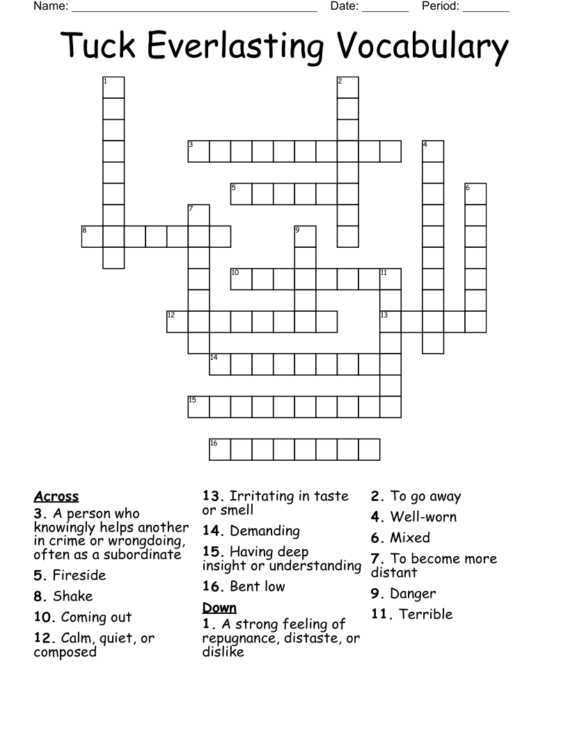 Tuck Everlasting Vocabulary Crossword