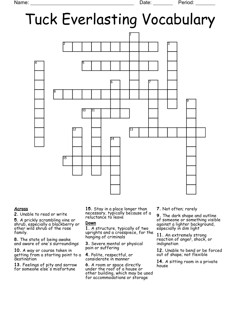 Tuck Everlasting Vocabulary Crossword