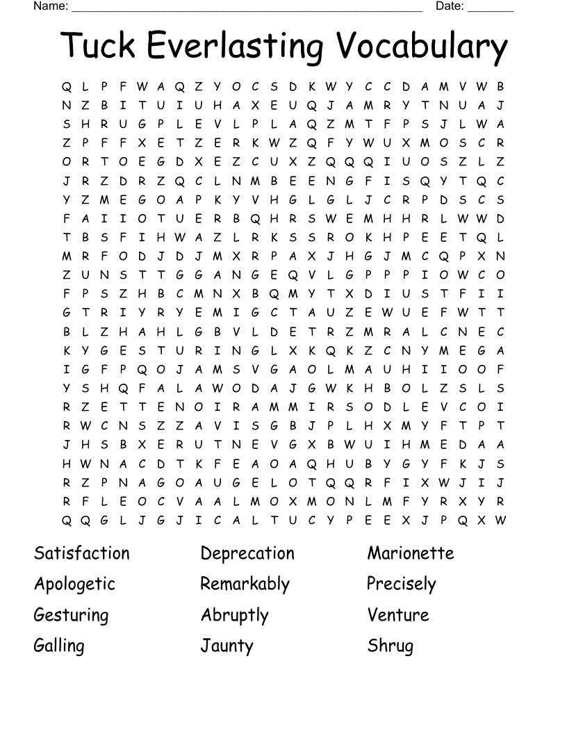 Tuck Everlasting Vocabulary Word Search