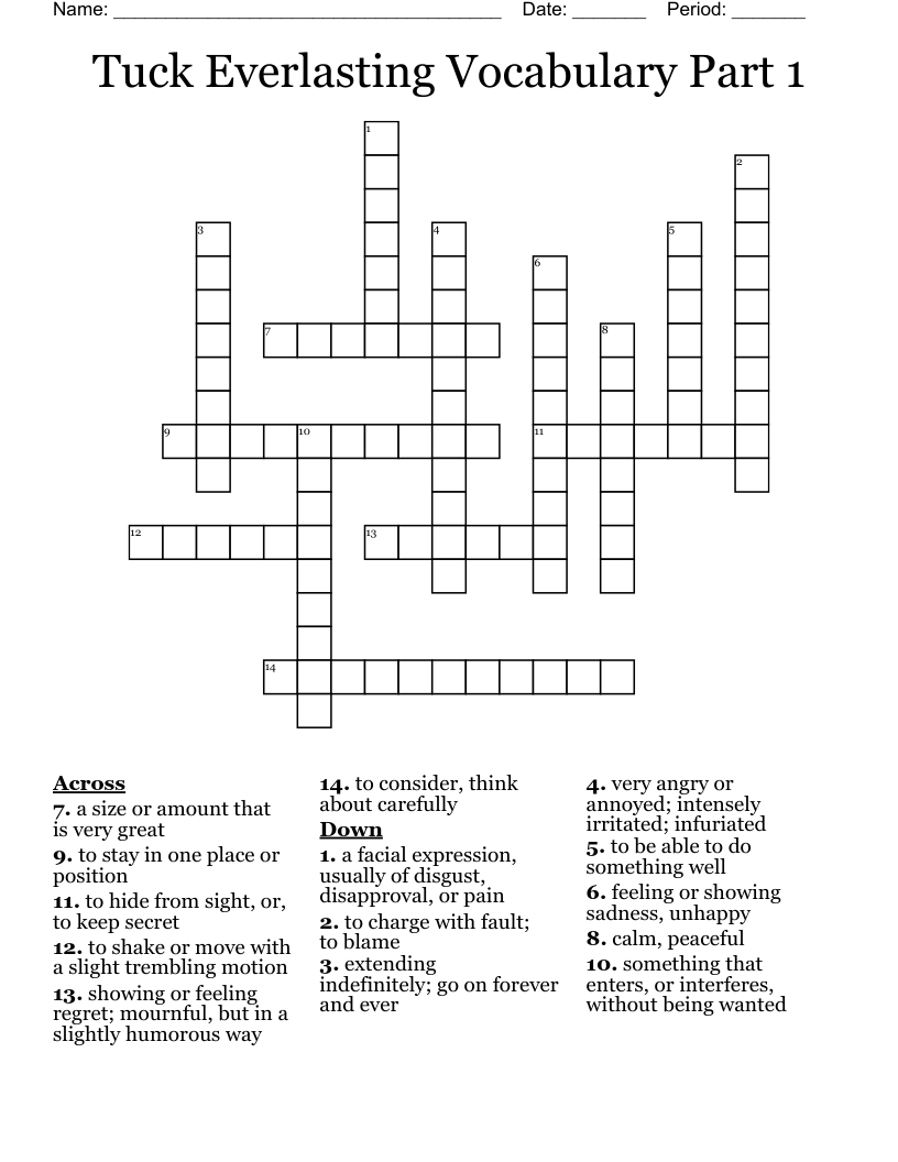 Tuck Everlasting Vocabulary Part 1 Crossword