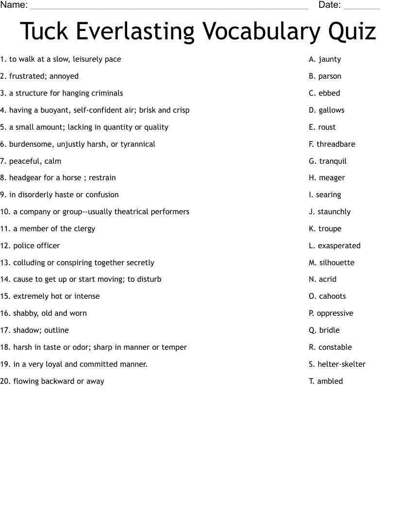 Tuck Everlasting Vocabulary Quiz Worksheet