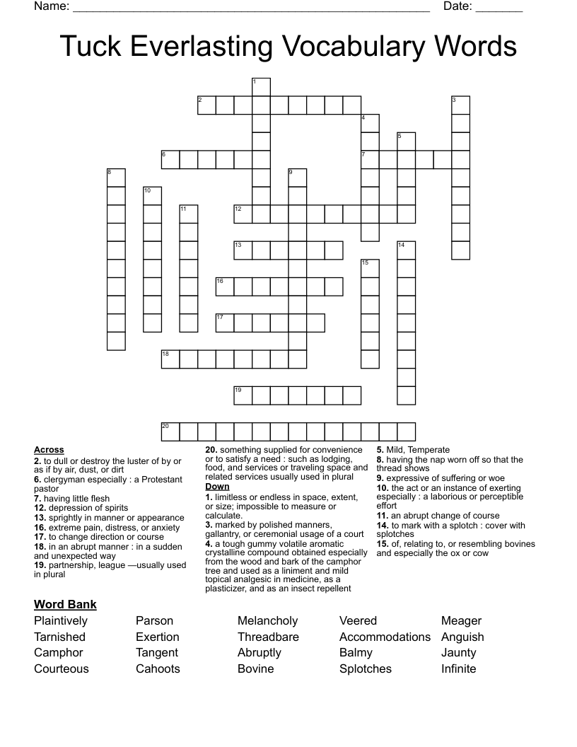 Tuck Everlasting Vocabulary Words Crossword