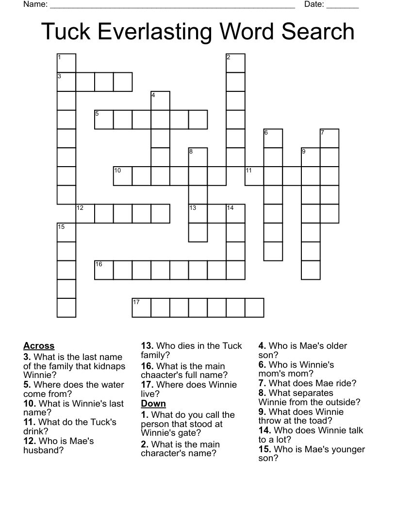 Tuck Everlasting Word Search Crossword