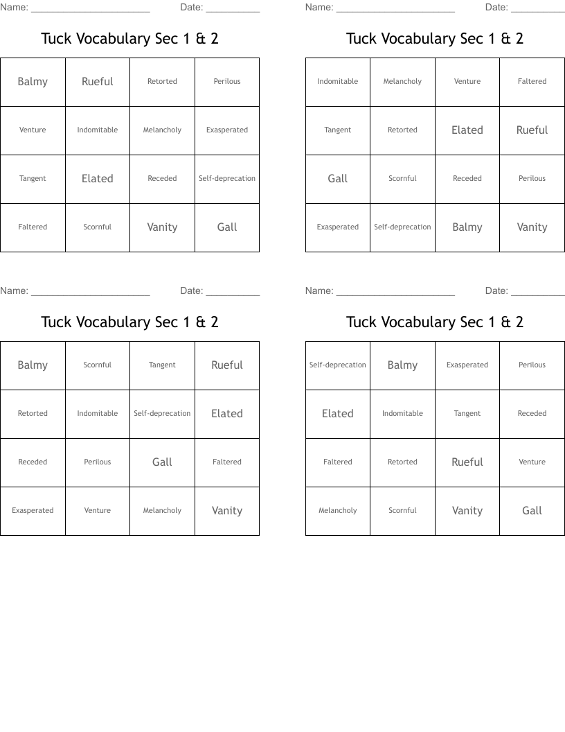 Tuck Vocabulary Sec 1 & 2 Bingo Cards