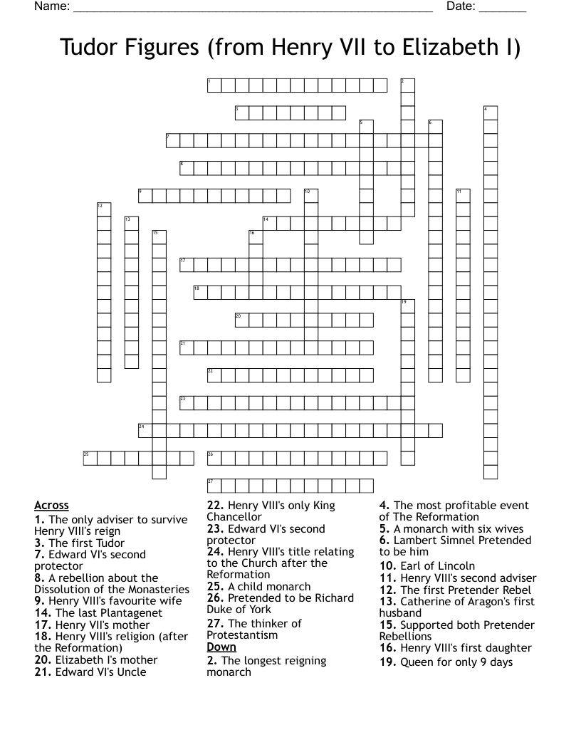 Tudor Figures (from Henry VII to Elizabeth I) Crossword