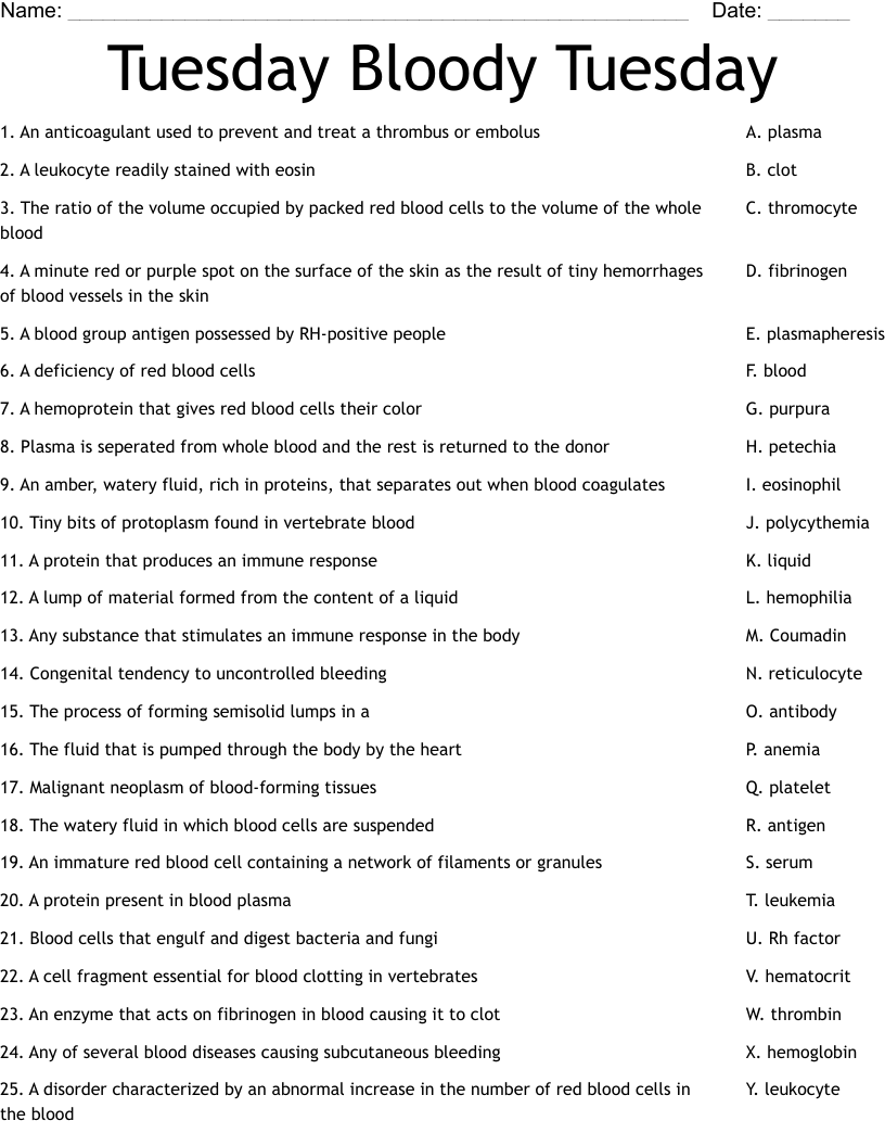 Tuesday Bloody Tuesday Worksheet