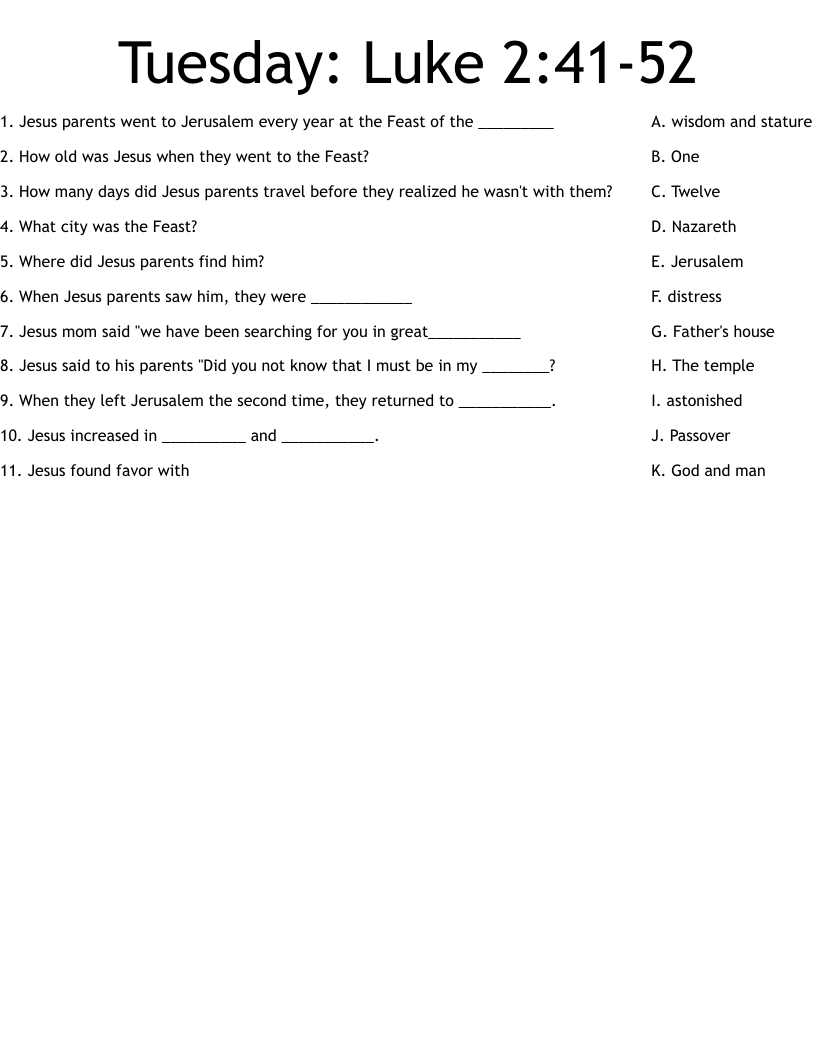 Tuesday: Luke 2:41-52 Worksheet