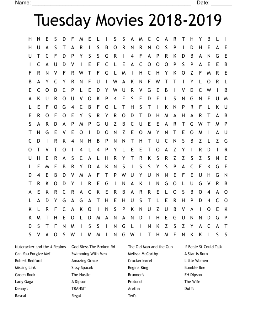 Tuesday Movies 2018-2019 Word Search