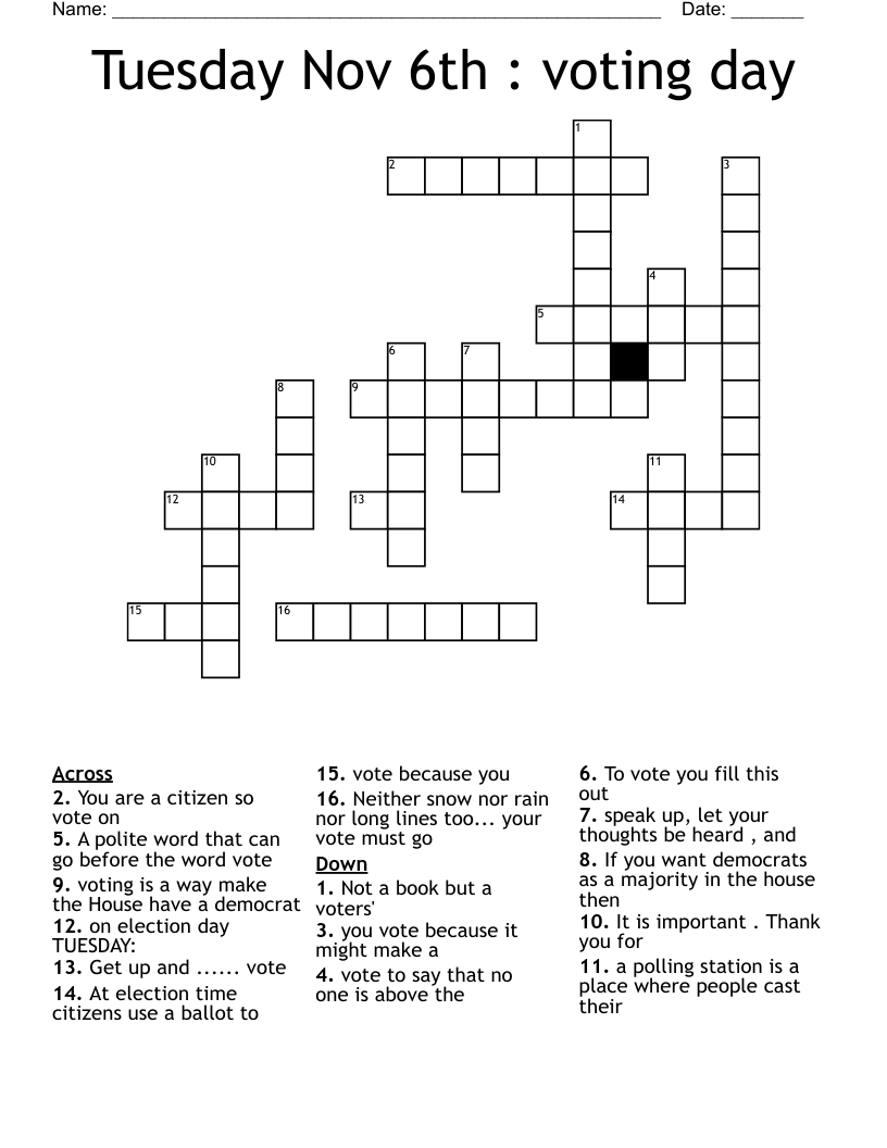 Tuesday Nov 6th : voting day Crossword