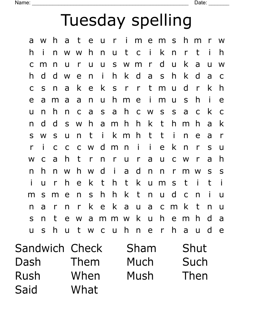 Tuesday spelling Word Search