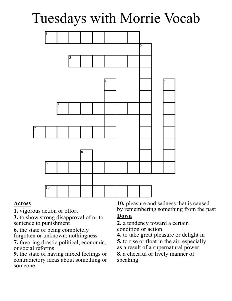 Tuesdays with Morrie Vocab Crossword