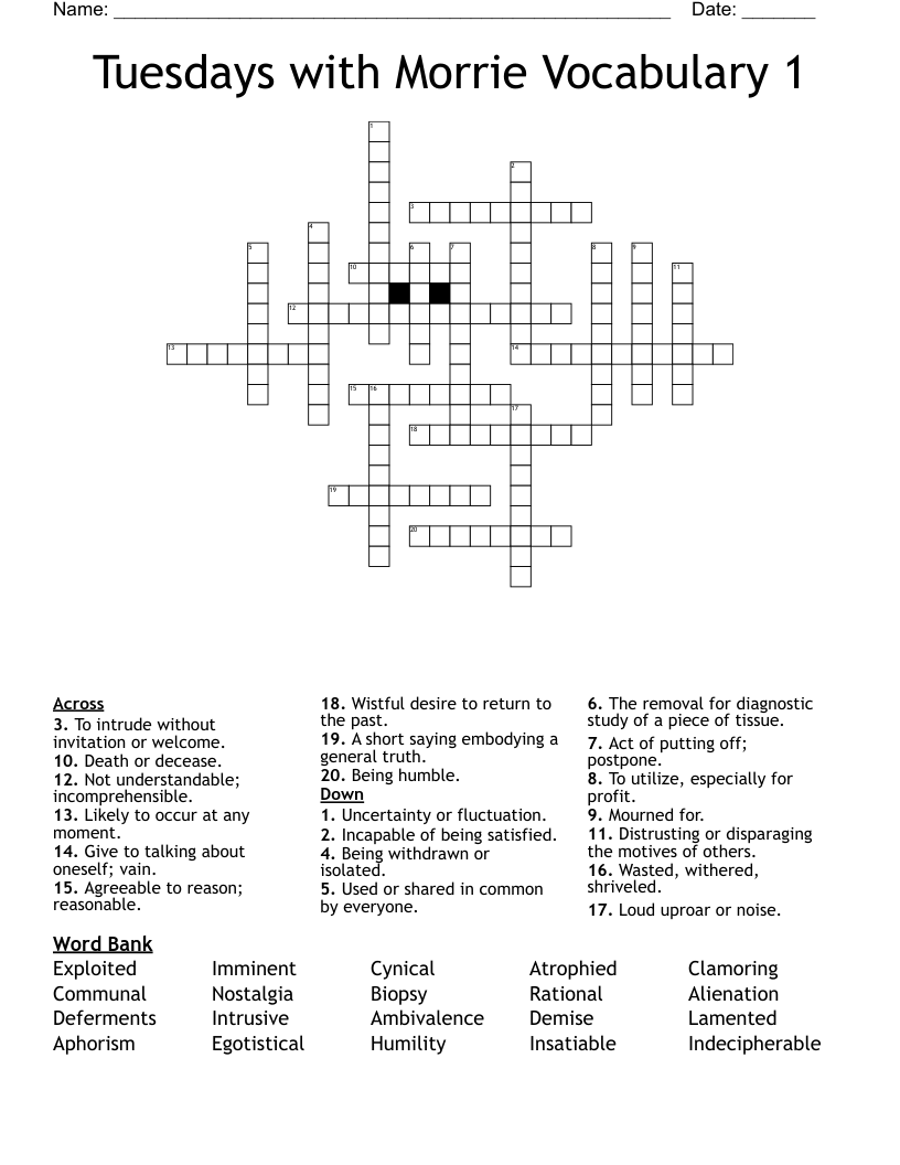 Tuesdays with Morrie Vocabulary 1 Crossword