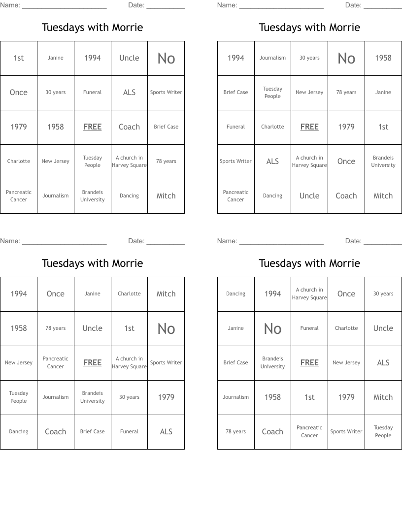 Tuesdays with Morrie  Bingo Cards
