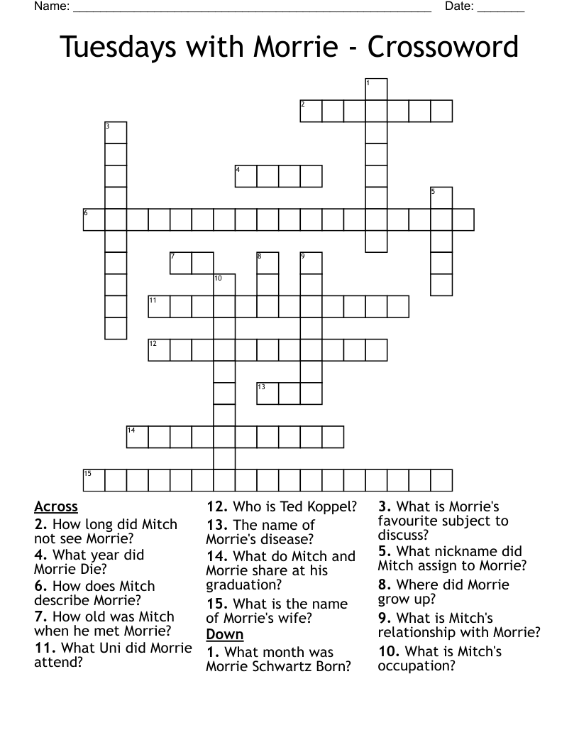 Tuesdays with Morrie - Crossoword Crossword