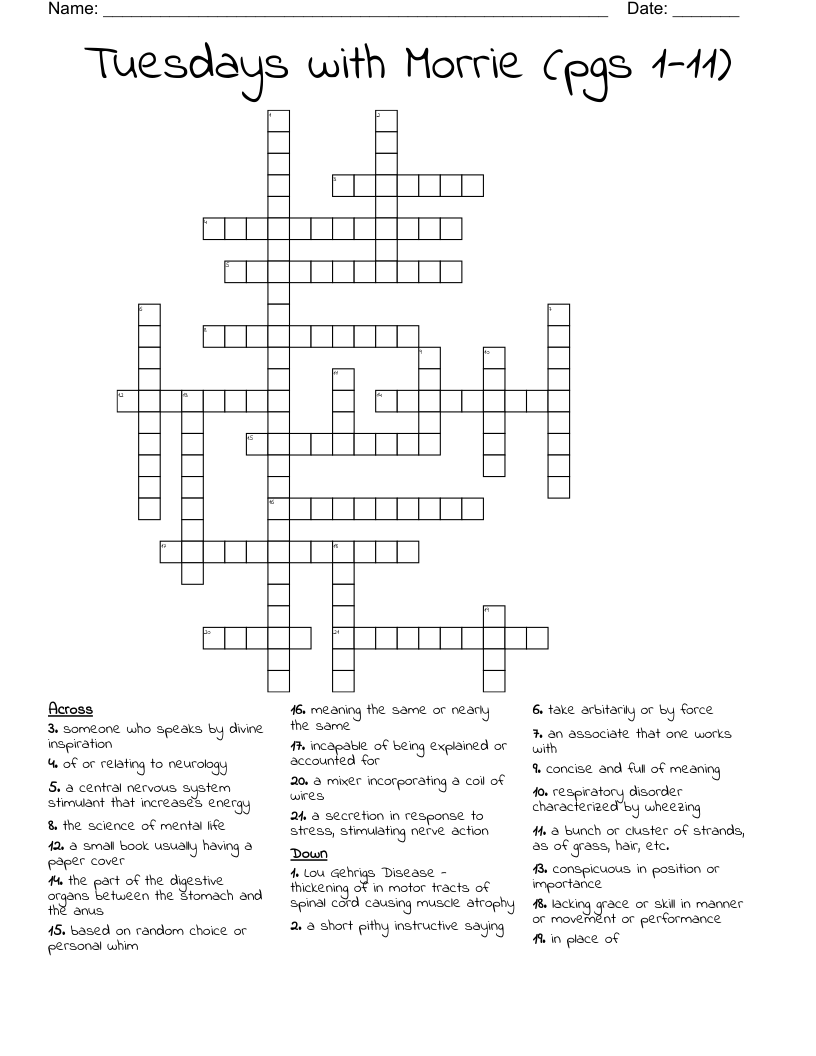 Tuesdays with Morrie (pgs 1-11) Crossword