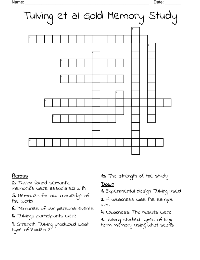 Tulving et al Gold Memory Study  Crossword