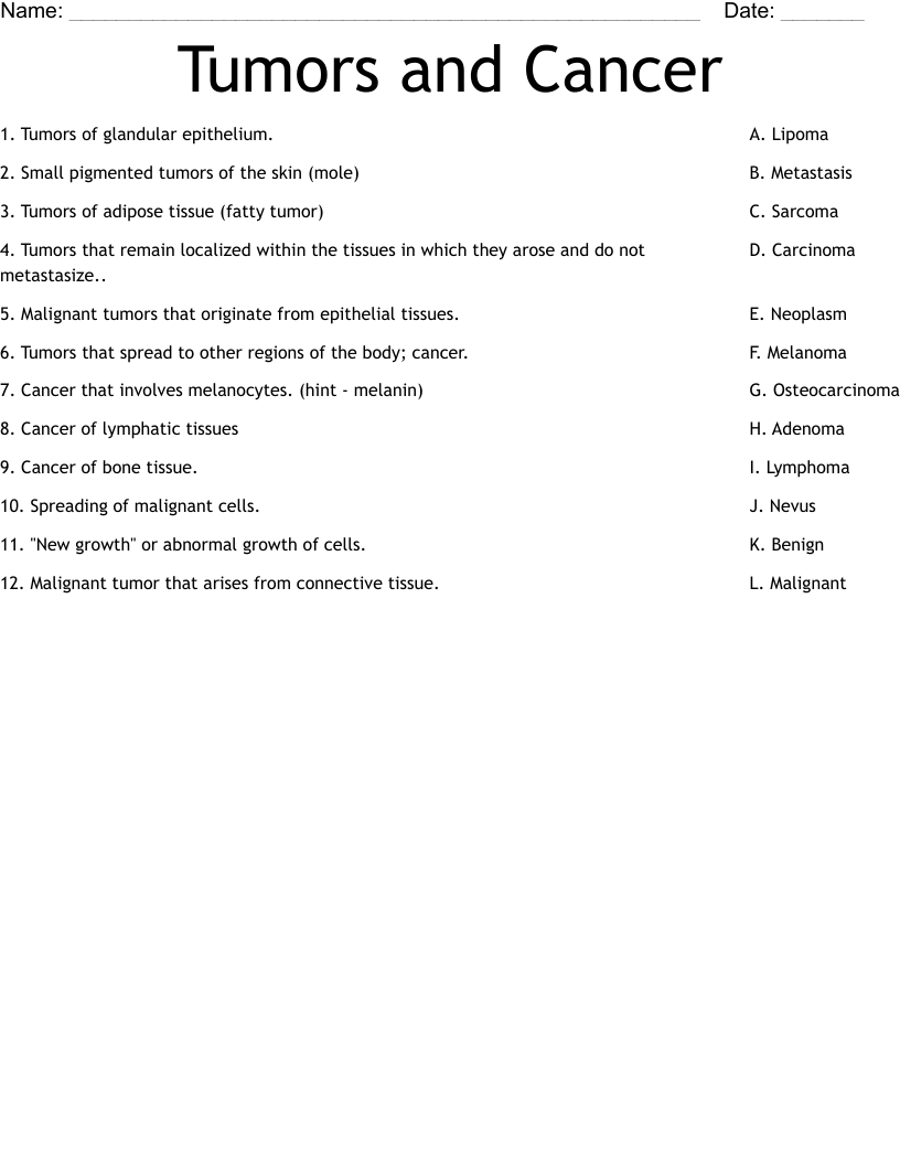 Tumors and Cancer Worksheet