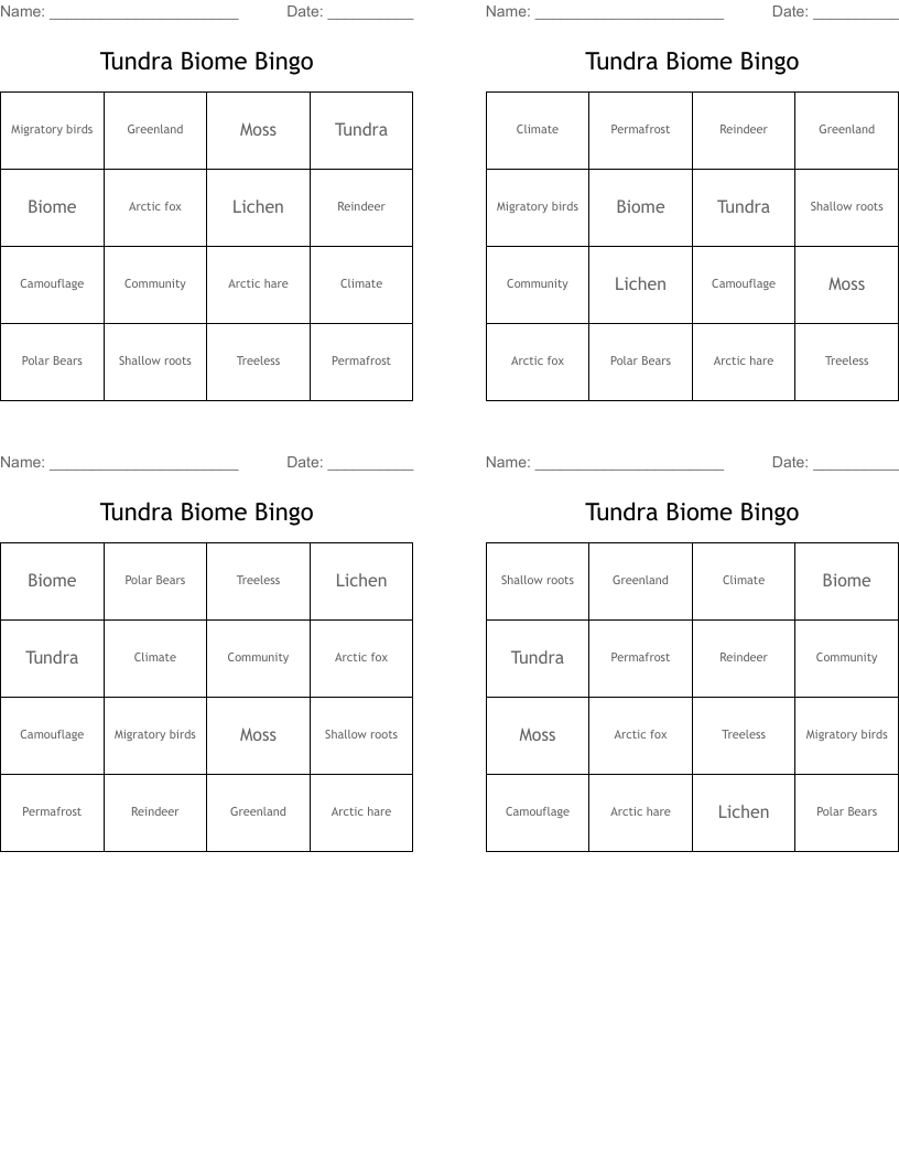 Tundra Biome Bingo