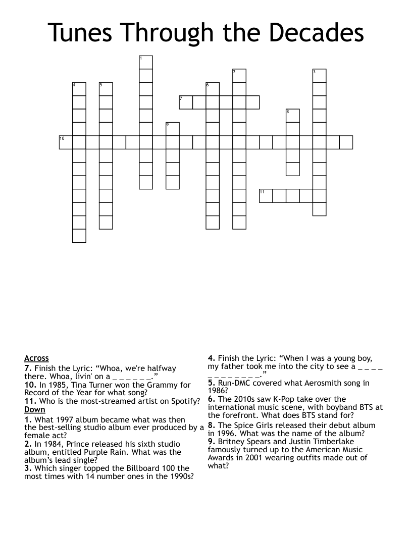 Tunes Through the Decades Crossword