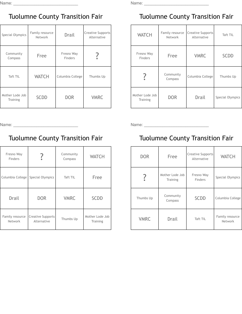 Tuolumne County Transition Fair Bingo Cards