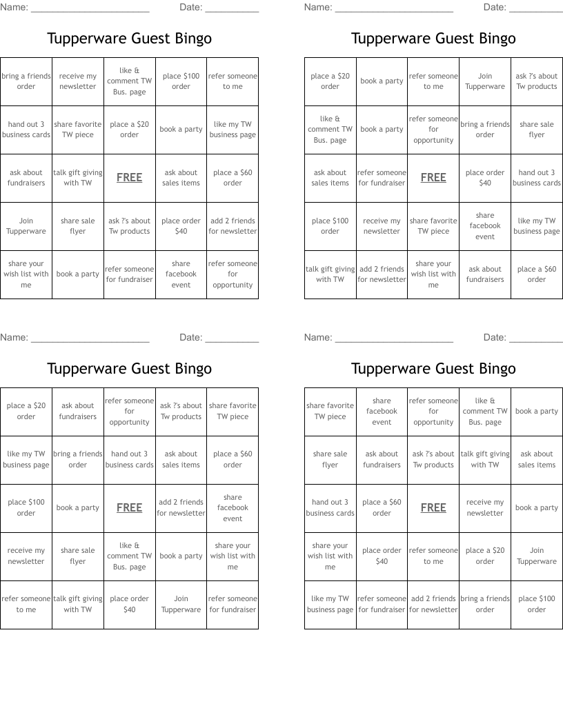 Tupperware Guest Bingo