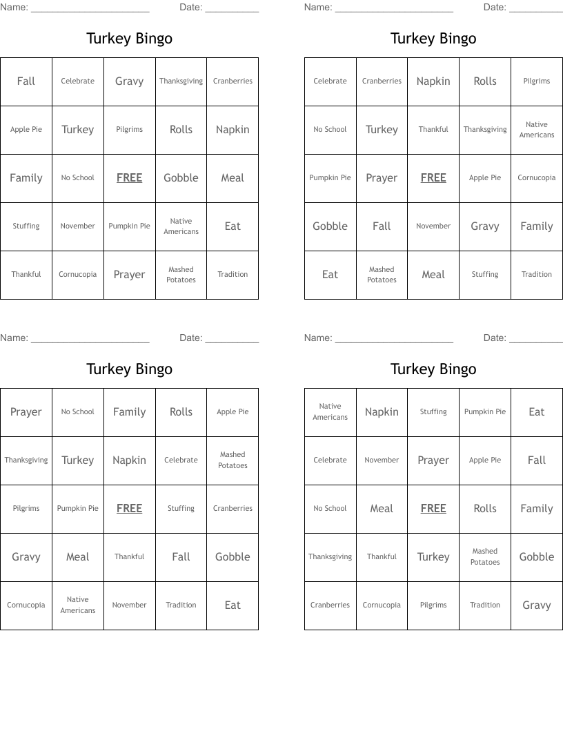 Turkey Bingo