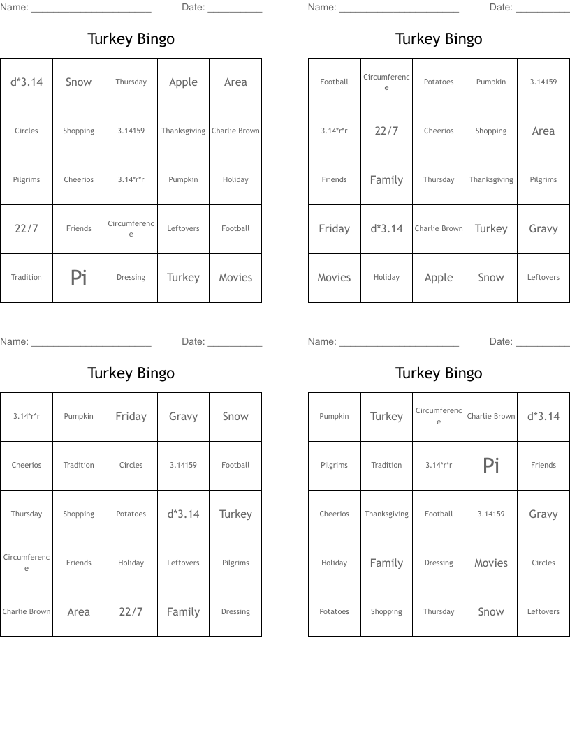 Turkey Bingo