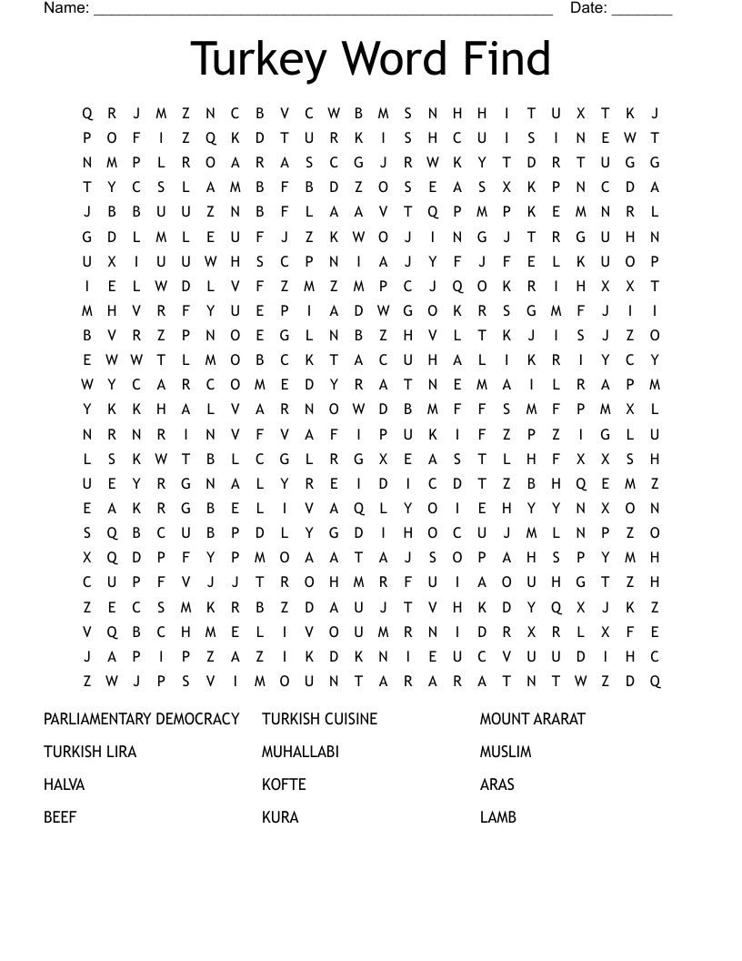 Turkey Word Find Word Search