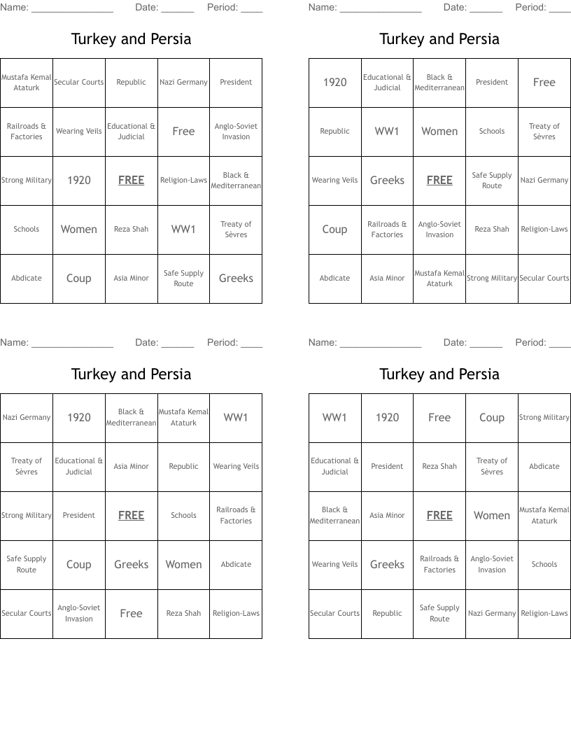 Turkey and Persia Bingo Cards