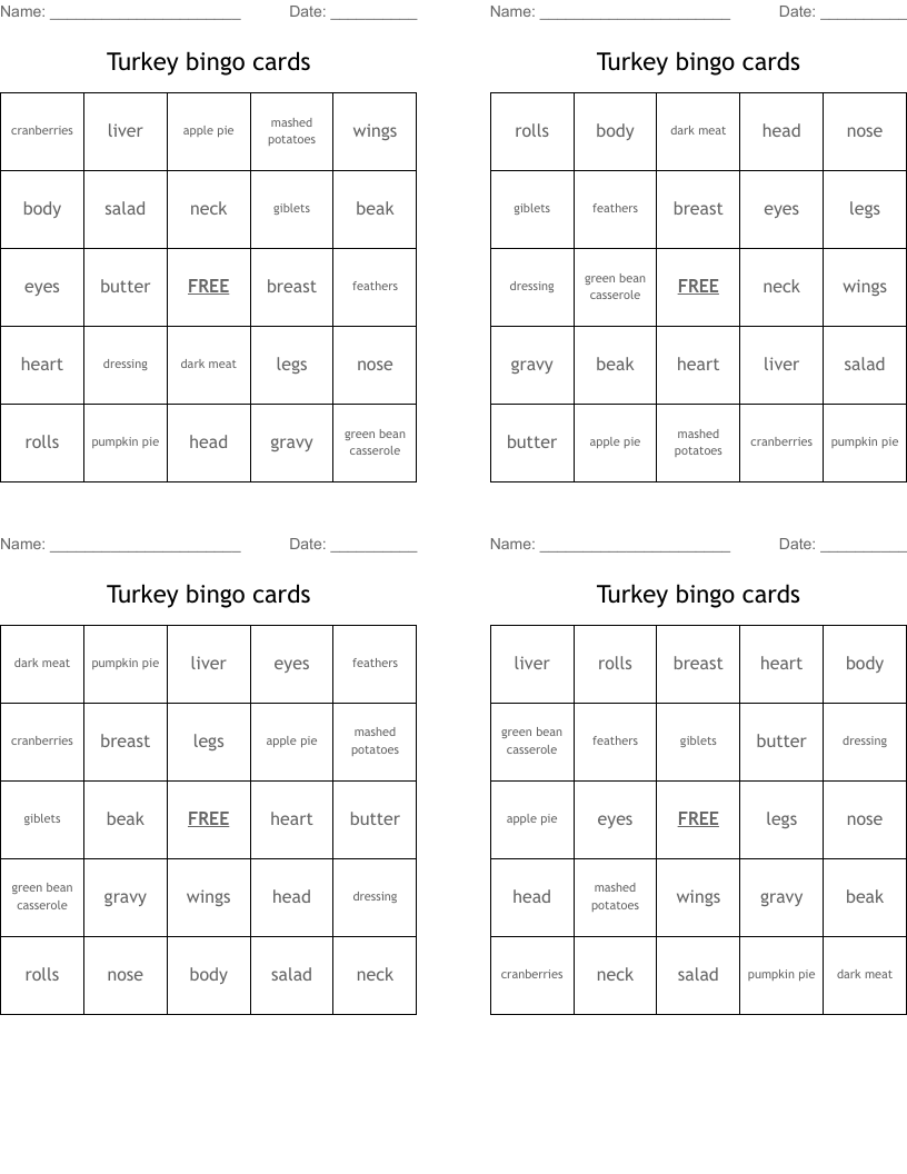 Turkey bingo cards