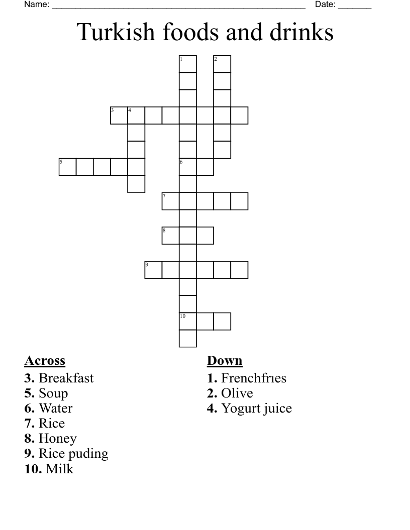 Turkish foods and drinks Crossword