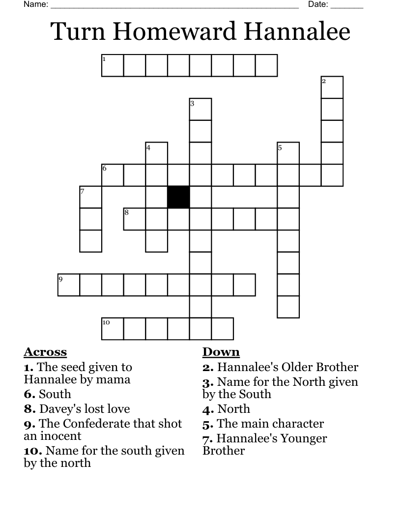 Turn Homeward Hannalee Crossword