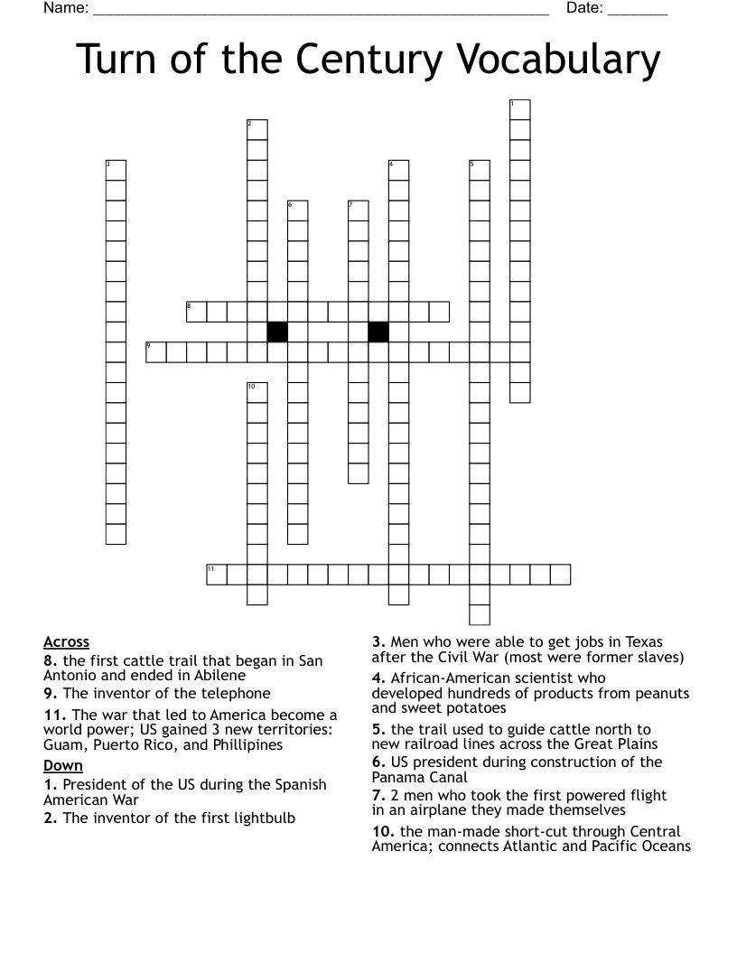 Turn of the Century Vocabulary Crossword