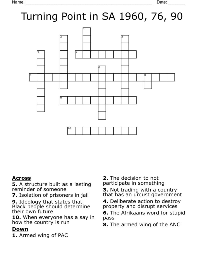 Turning Point in SA 1960, 76, 90 Crossword