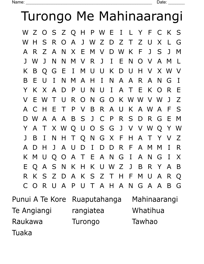 Turongo Me Mahinaarangi Word Search