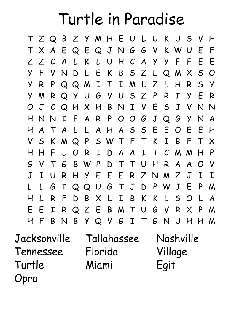 Turtle in Paradise Word Search