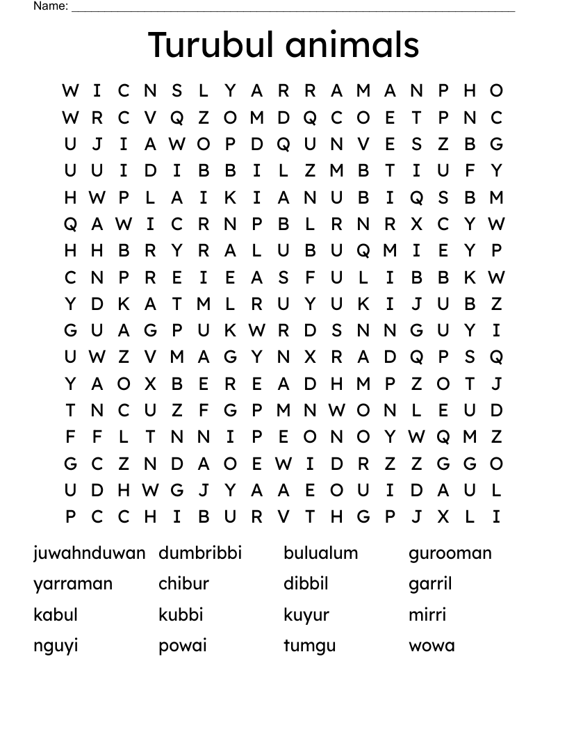 Turubul animals Word Search