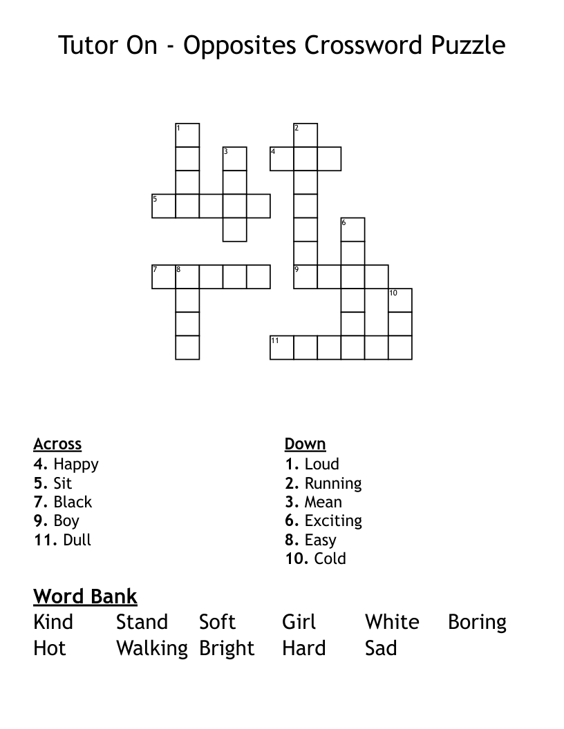 Tutor On - Opposites Crossword Puzzle