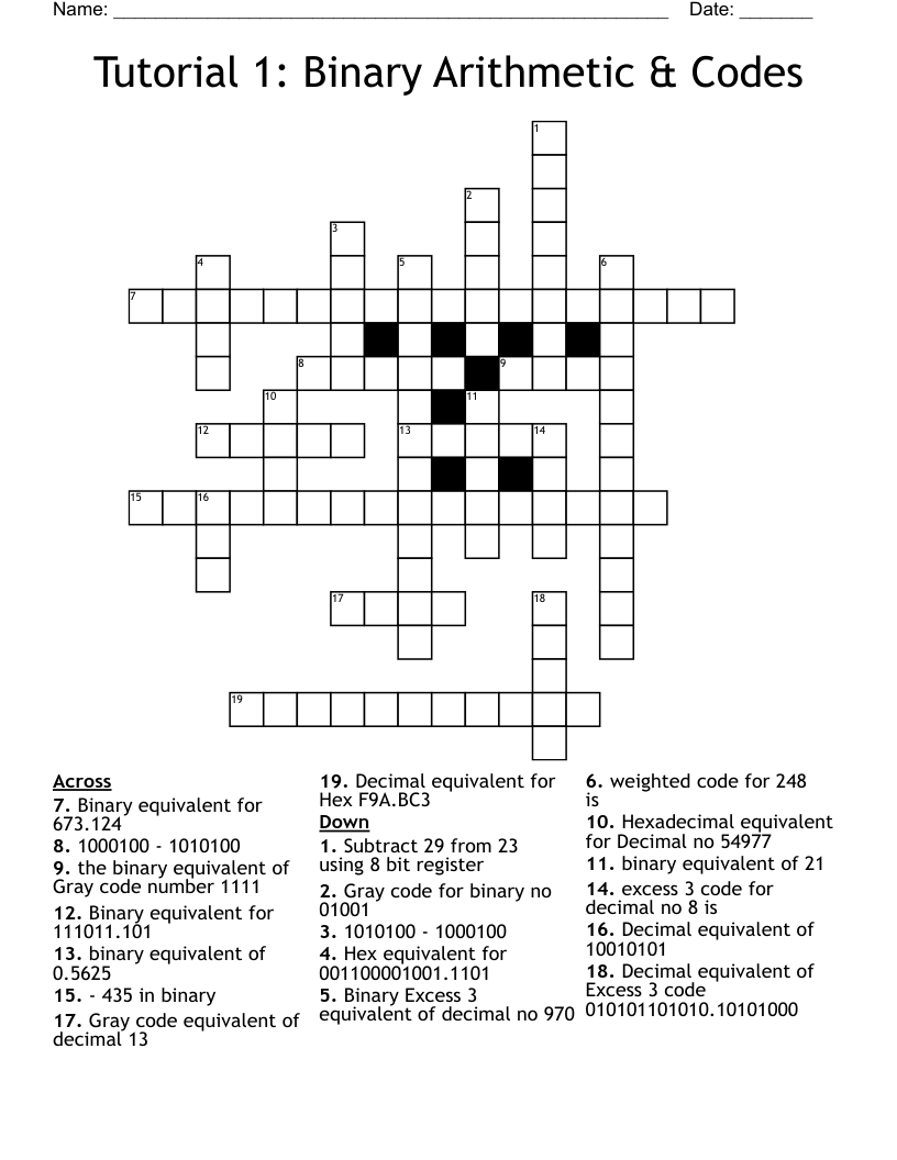 Tutorial 1: Binary Arithmetic & Codes Crossword