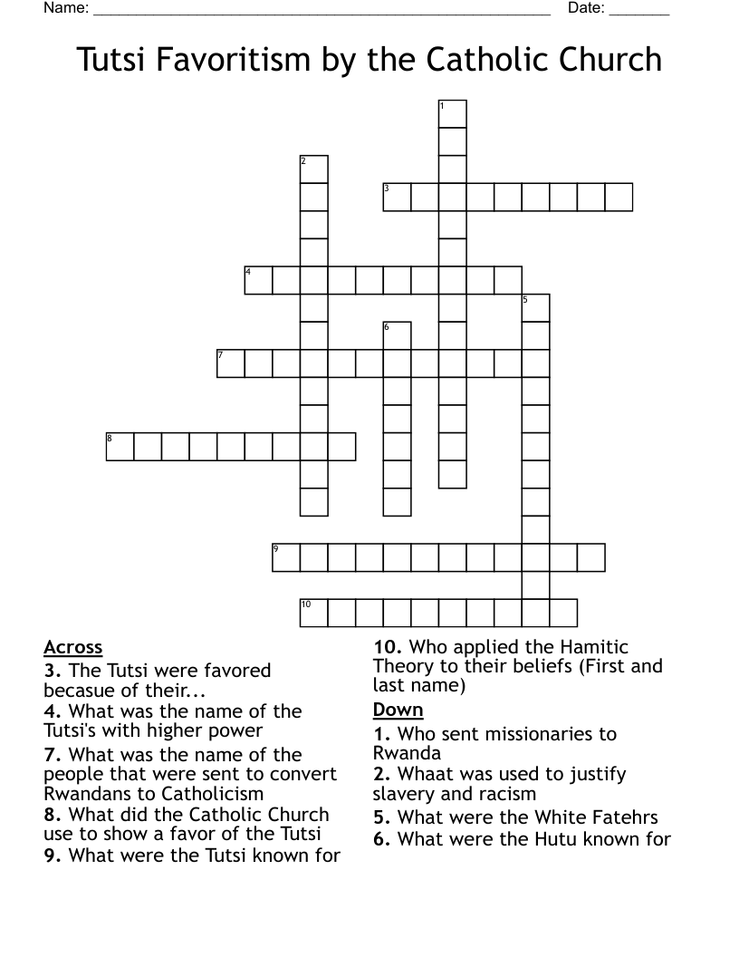Tutsi Favoritism by the Catholic Church Crossword