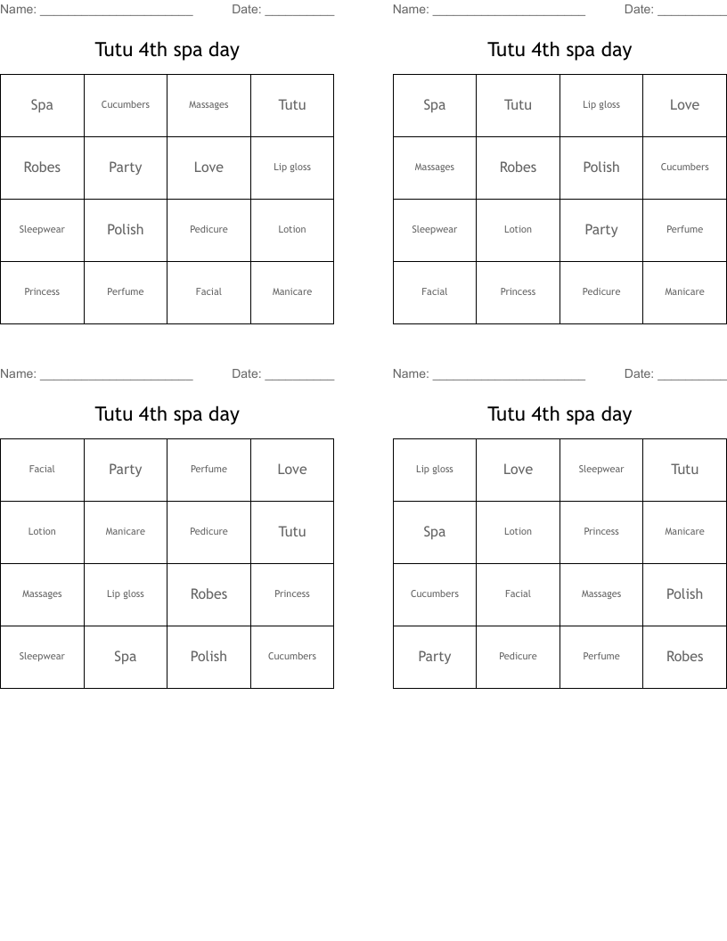 Tutu 4th spa day Bingo Cards