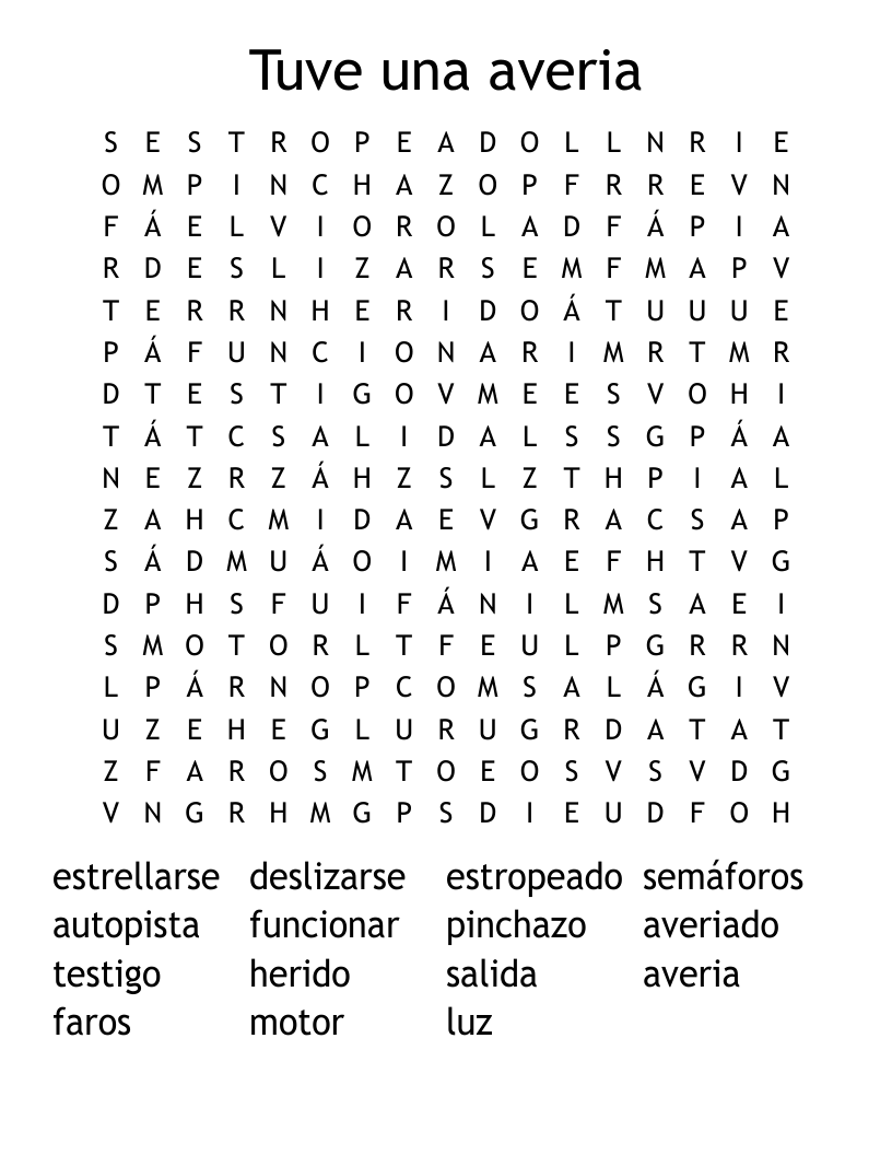 Tuve una averia Word Search