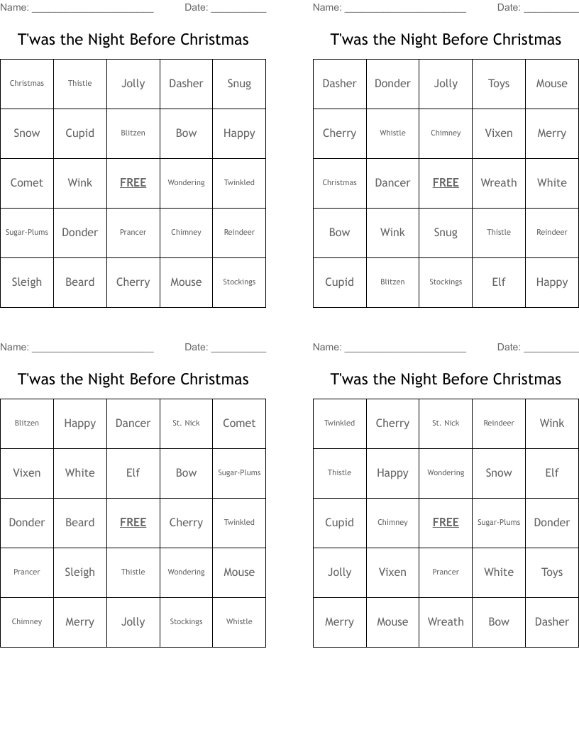 T'was the Night Before Christmas Bingo Cards