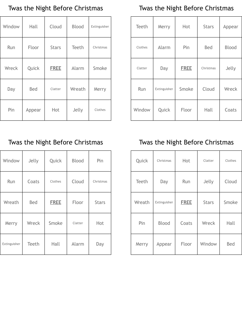 Twas the Night Before Christmas Bingo Cards