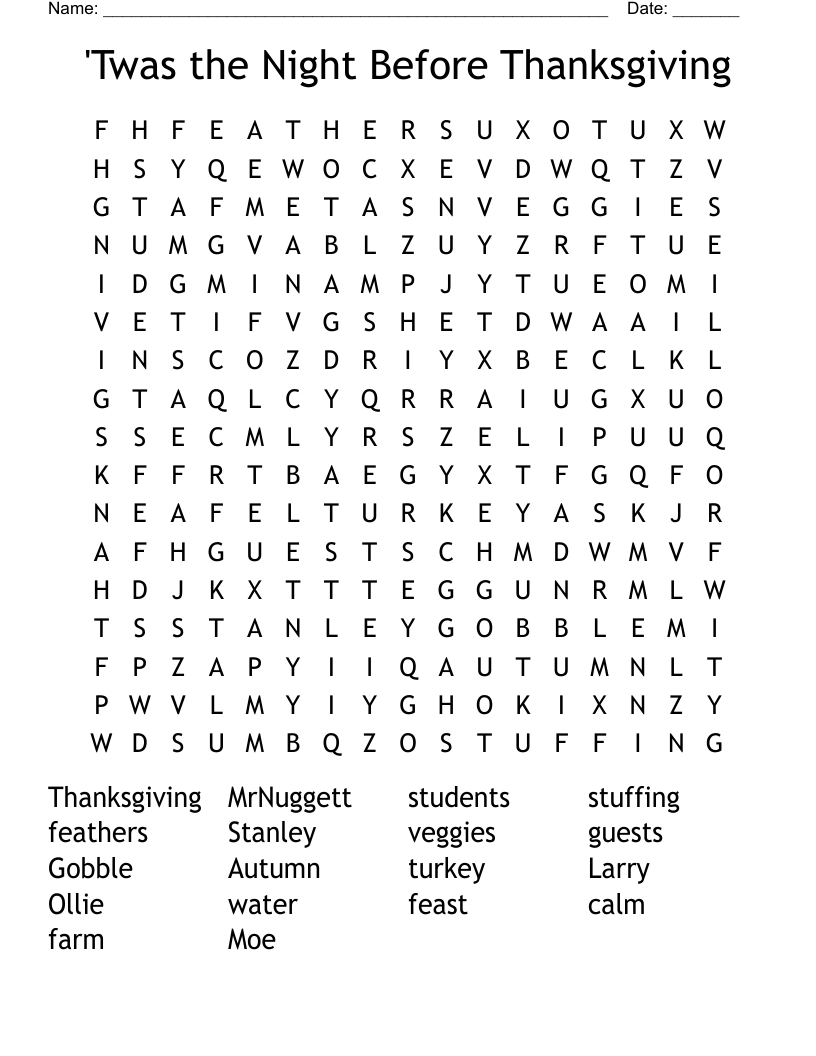 'Twas the Night Before Thanksgiving Word Search