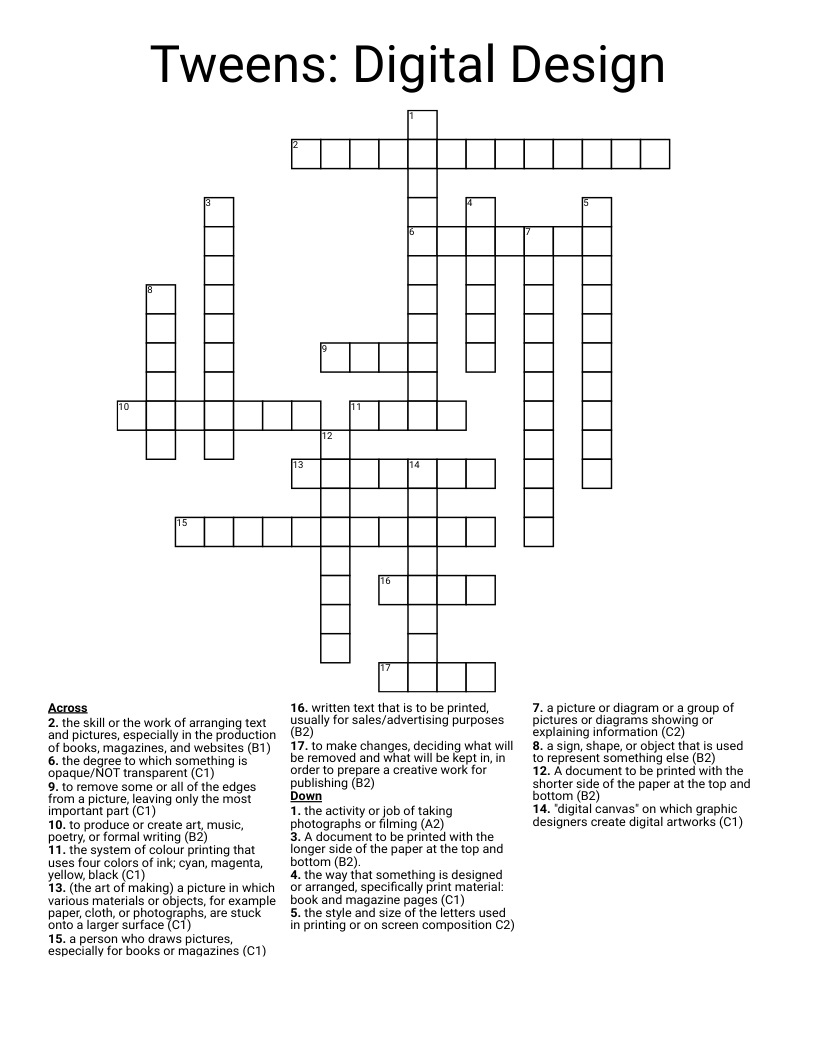 Tweens: Digital Design Crossword
