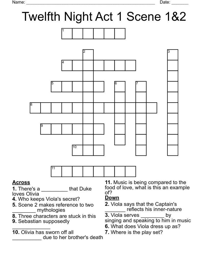 Twelfth Night Act 1 Scene 1&2 Crossword