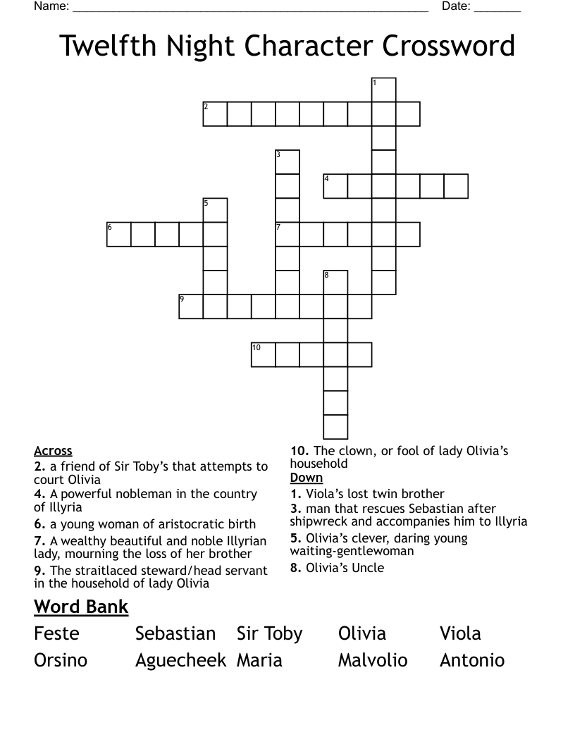 Twelfth Night Character Crossword