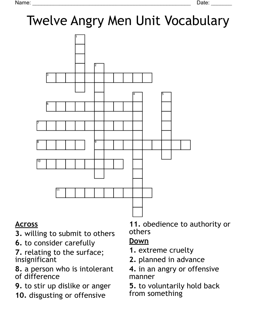 Twelve Angry Men Unit Vocabulary Crossword